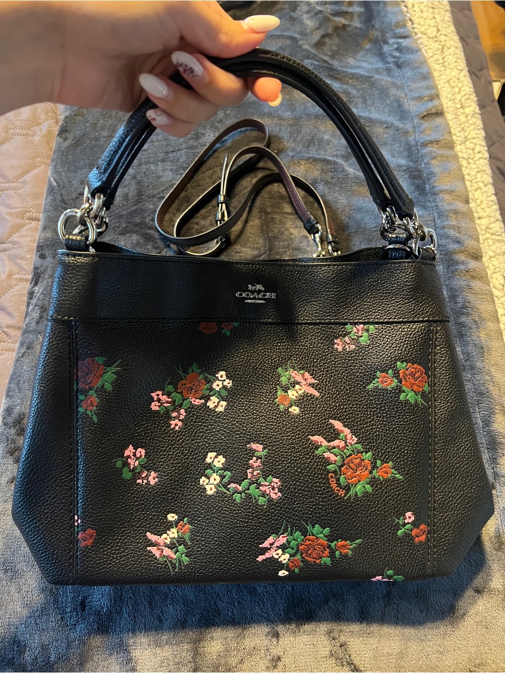 COACH Black Floral Pebbled Leather Shoulder Bag